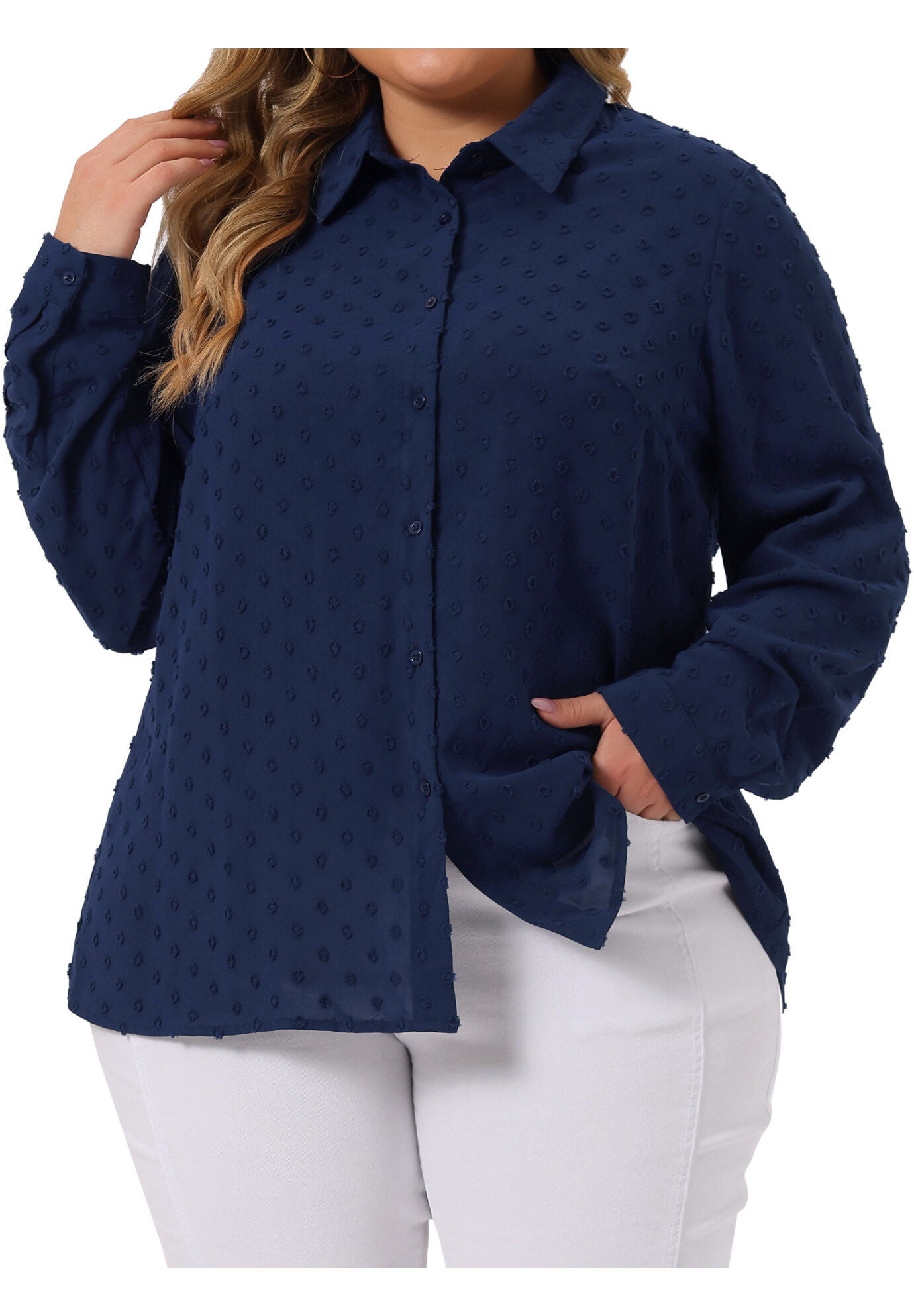 Swiss Dots Long Sleeve Button Down Shirt Blouse, Navy Blue / Navy, alternate image number 2