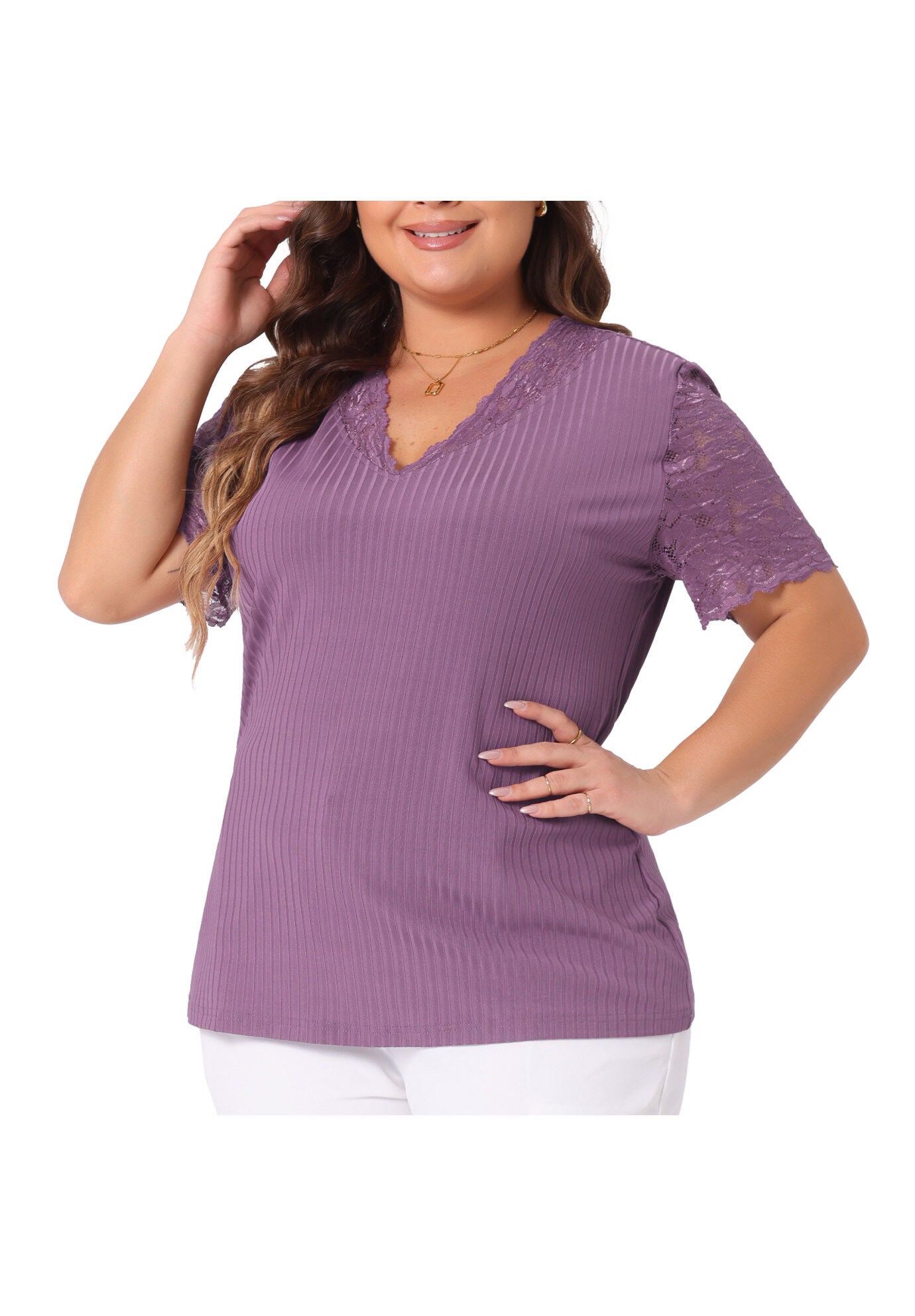V Neck Short Sleeve Lace Ribbed Knit Tunic Top, Purple / Purple, alternate image number 1