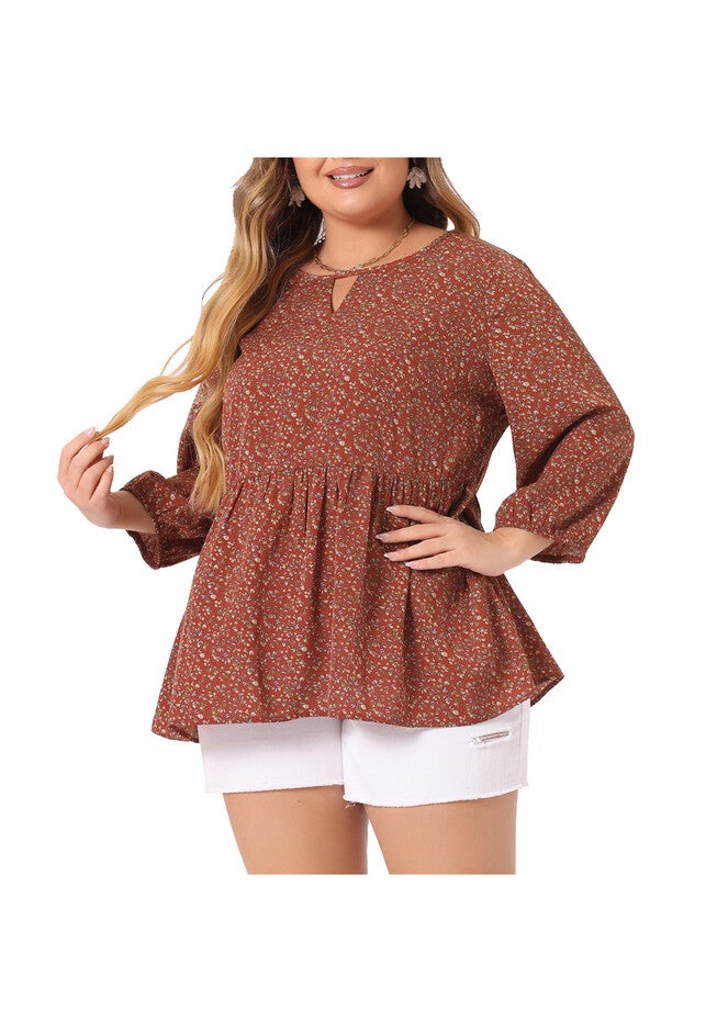 3/4 Sleeves Babydoll Chiffon Keyhole Floral Flowy Top Blouse, Red Brown / Terracotta, alternate image number 1