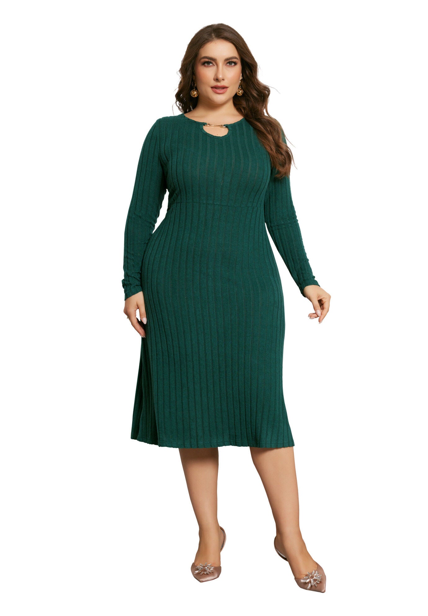 Ribbed Knit Long Sleeves Keyhole Crew Neck Pullover A Line Midi Dress, Green / Forest Green, hi-res image number 0