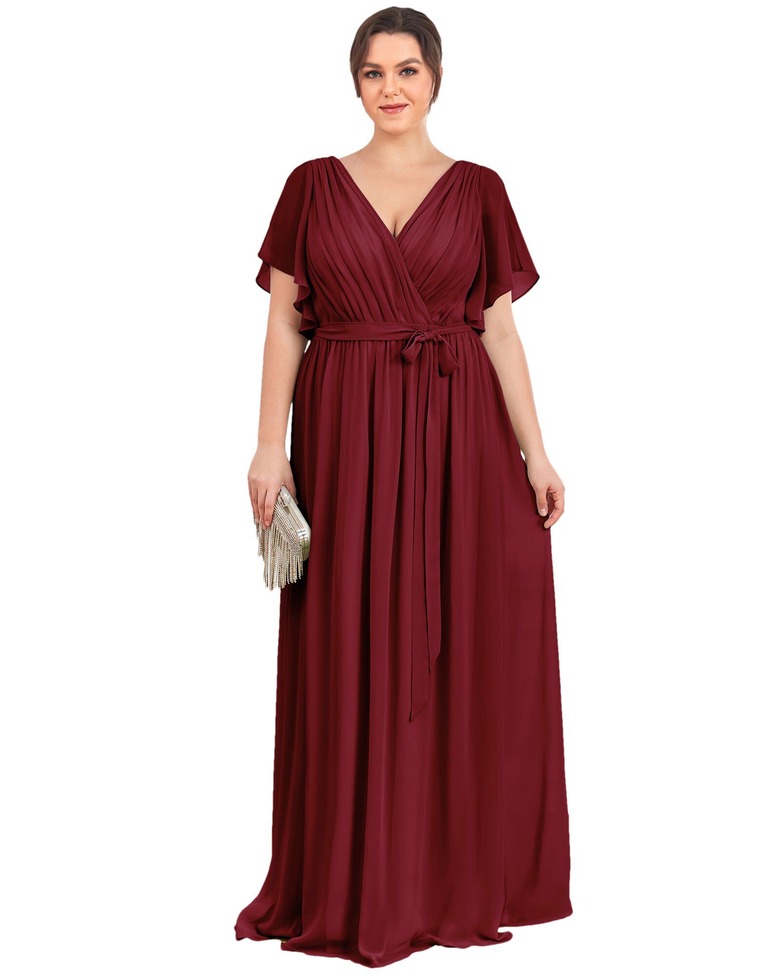 A-Line Pleated Chiffon Tie-Waist Evening Dress, Burgundy / Burgundy, hi-res image number 0