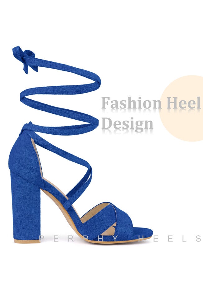 Strappy Chunky Heels Lace Up Sandals, Deep Blue / Royal Blue, alternate image number 3