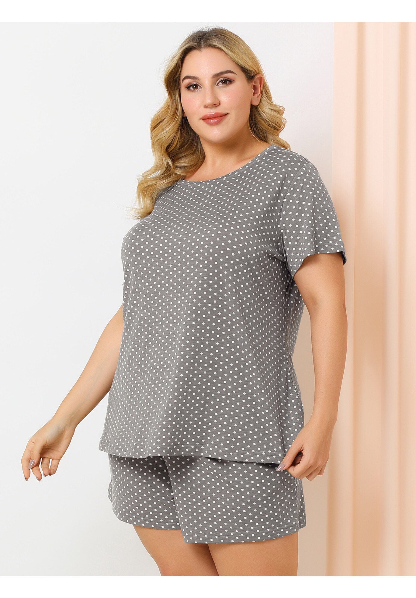 POLKA DOTS SLEEPWEAR PAJAMAS SET SHORT SLEEVE SHIRT AND SHORTS, Gray / Light Grey, hi-res image number 0