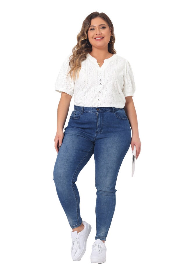 Hollow Casual V Neck Short Sleeve Summer Blouse, White / White, hi-res image number 0