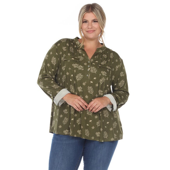 Pleated Long Sleeve Leaf Print Blouse, Olive / Olive Green, alternate image number null