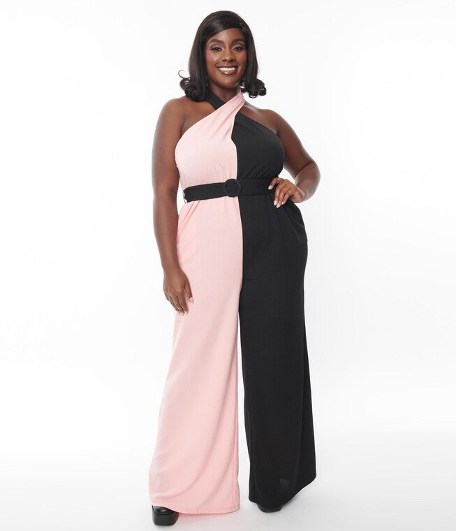 Smak Parlour Pink & Black Colorblock Draped Darling Jumpsuit, Pink Black / Pink, alternate image number null