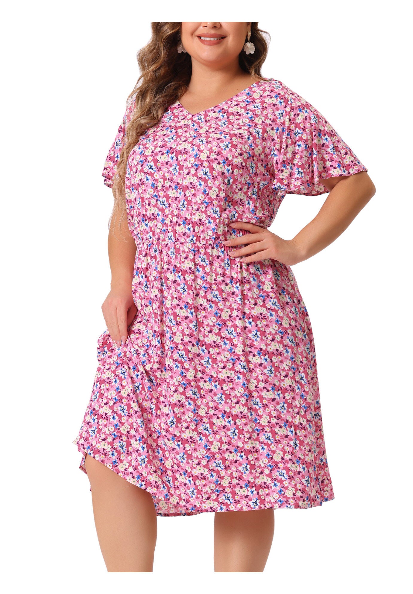 Summer V Neck Flare Sleeve Peplum Midi Ruffle Dress, Dark Pink / Pink, alternate image number 1