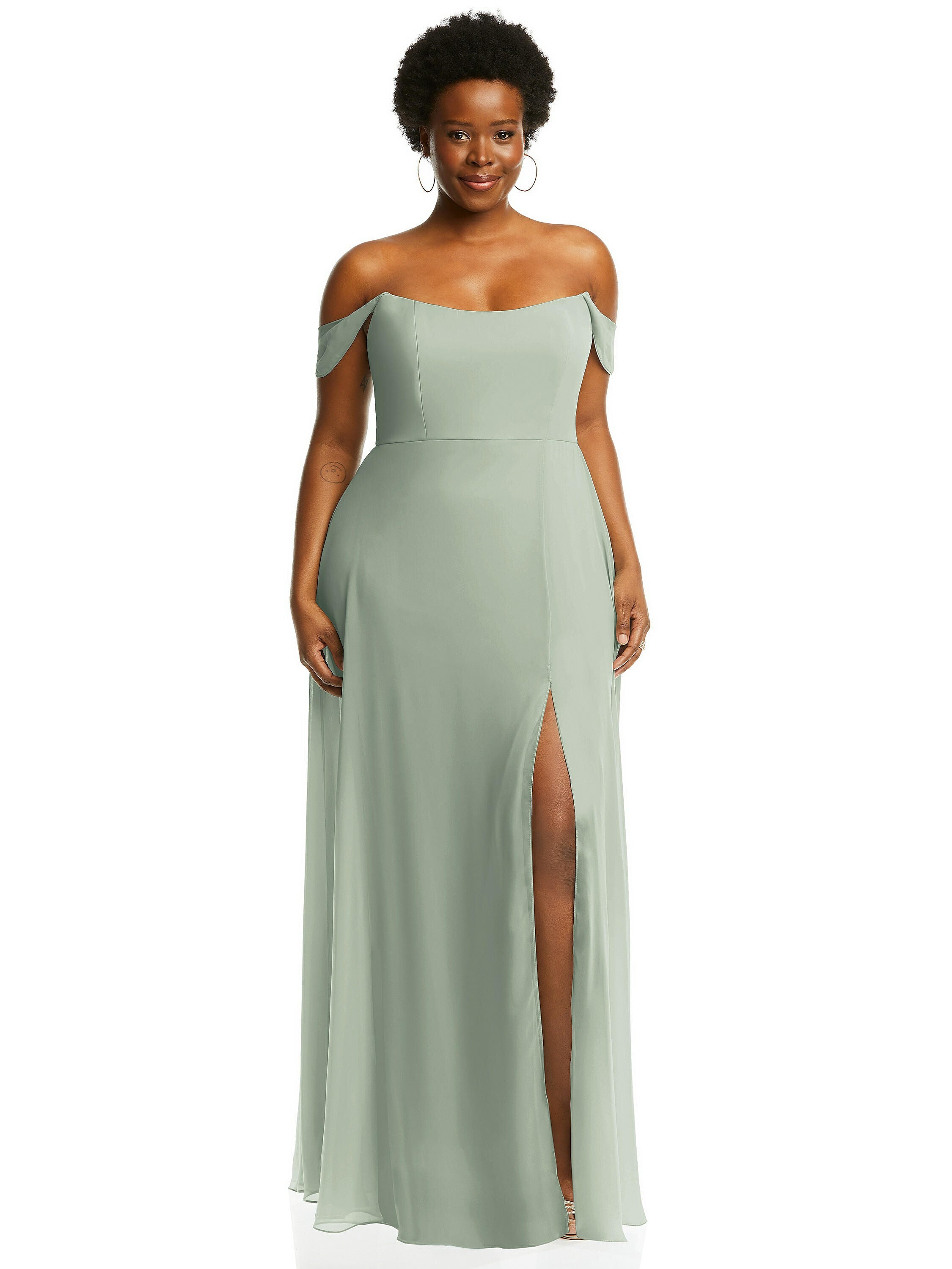 Off-the-Shoulder Basque Neck Maxi Dress with Flounce Sleeves, Willow Green / Sage Green, hi-res image number 0