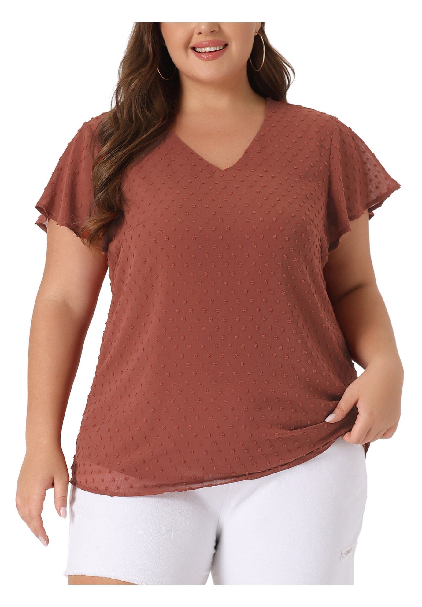 Swiss Dots Blouse V Neck Summer Short Sleeve Casual Top, Caramel / Brown, alternate image number 2