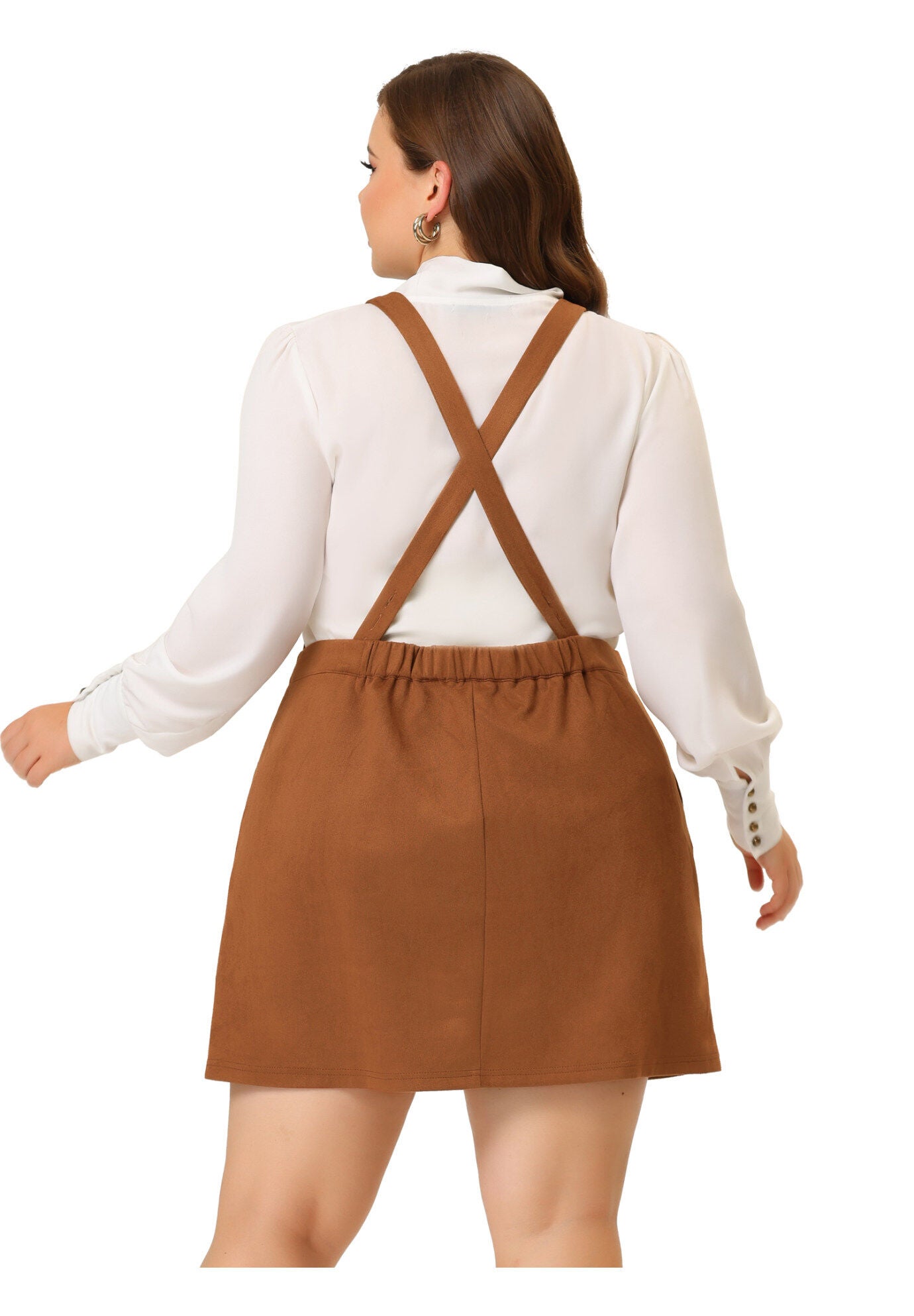 HIGH WAIST A-LINE SUEDE SUSPENDER SKIRT OVERALL DRESS, Brown / Brown, alternate image number 3
