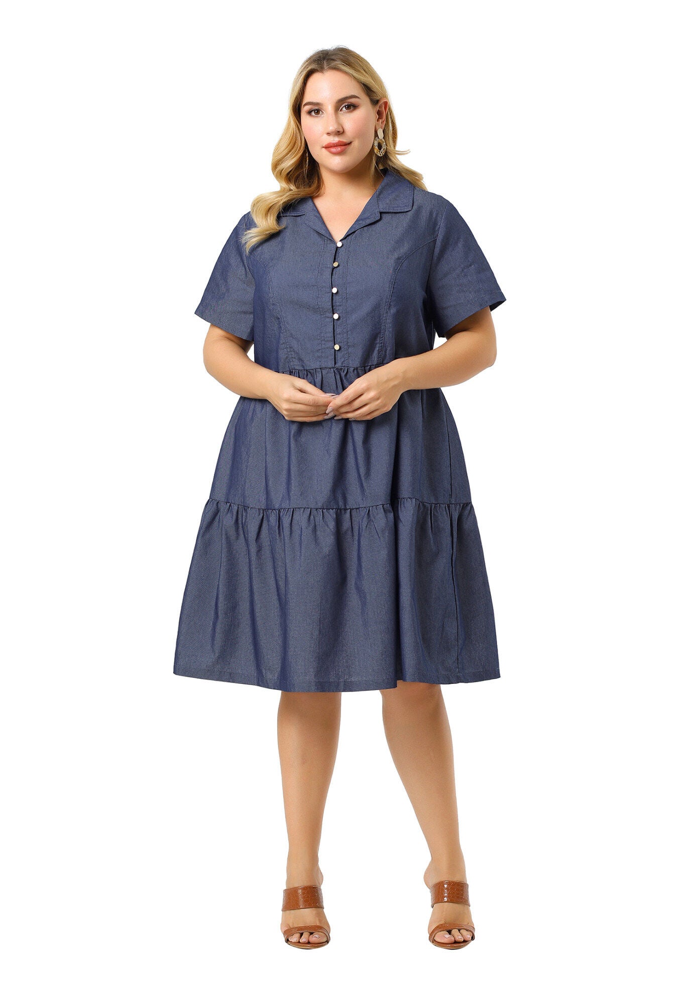 Short Sleeve Button Down Flowy Tiered Shirt Chambray Dress, Blue / Chambray Denim Medium, alternate image number 3