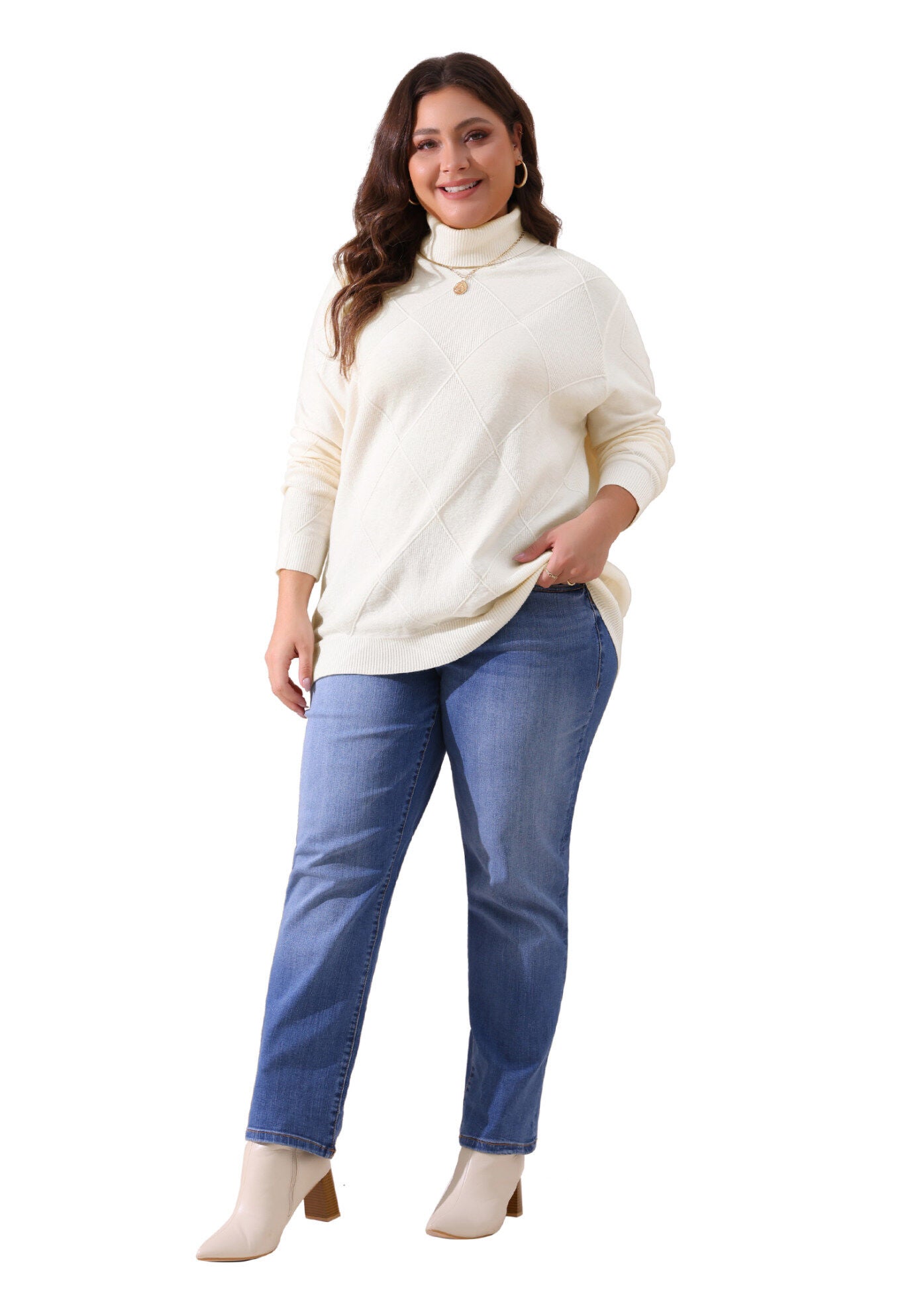 Lightweight Long Sleeve Turtleneck Pullover Sweater, Cream White / Cream, hi-res image number 0