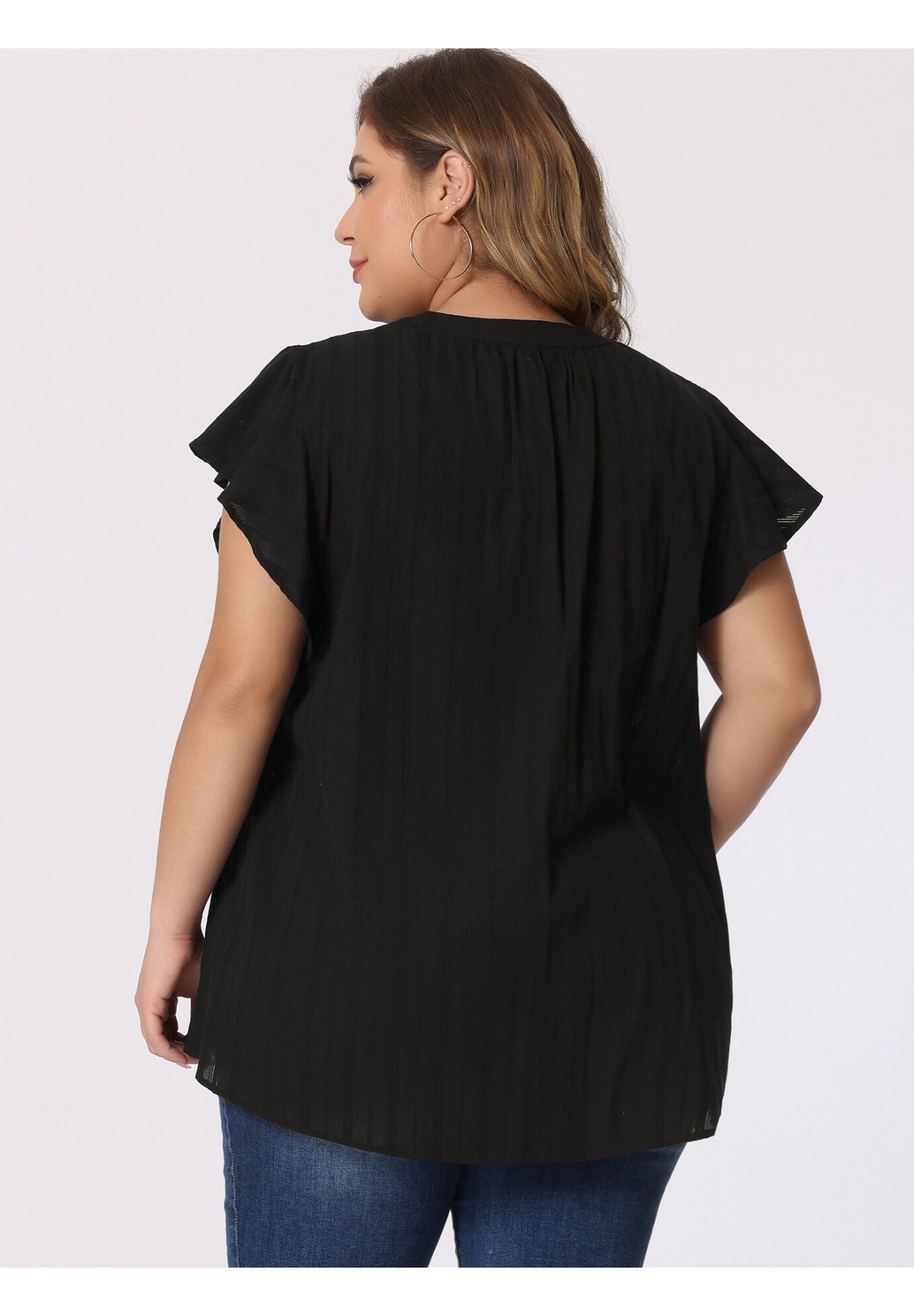 V NECK TASSEL SELF TIE FLUTTER BLOUSE, Black / Black, alternate image number 3