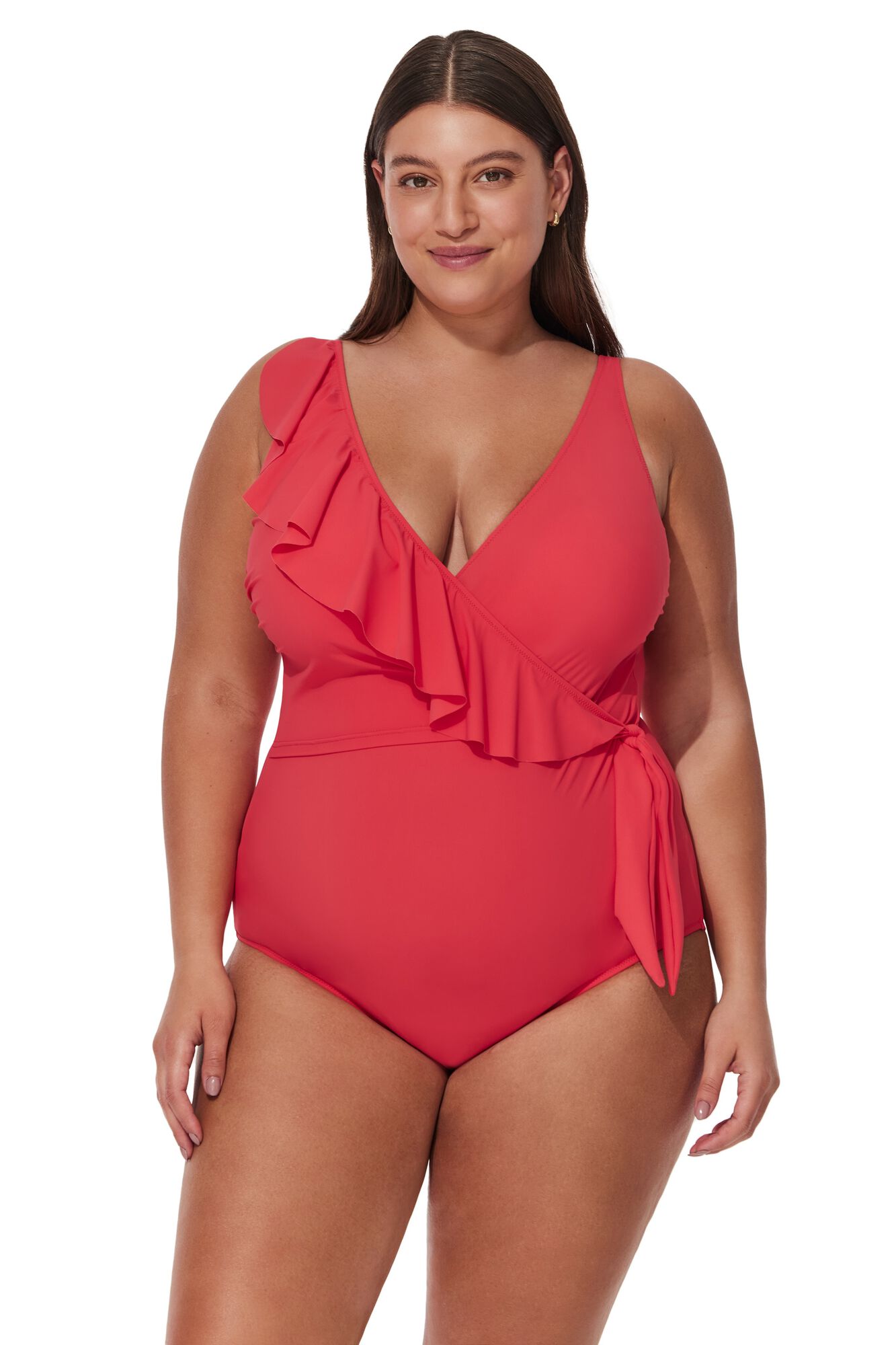 Tutti Frutti Plus Size Ruffle Surplice One Piece, Coral / Coral, hi-res image number 0