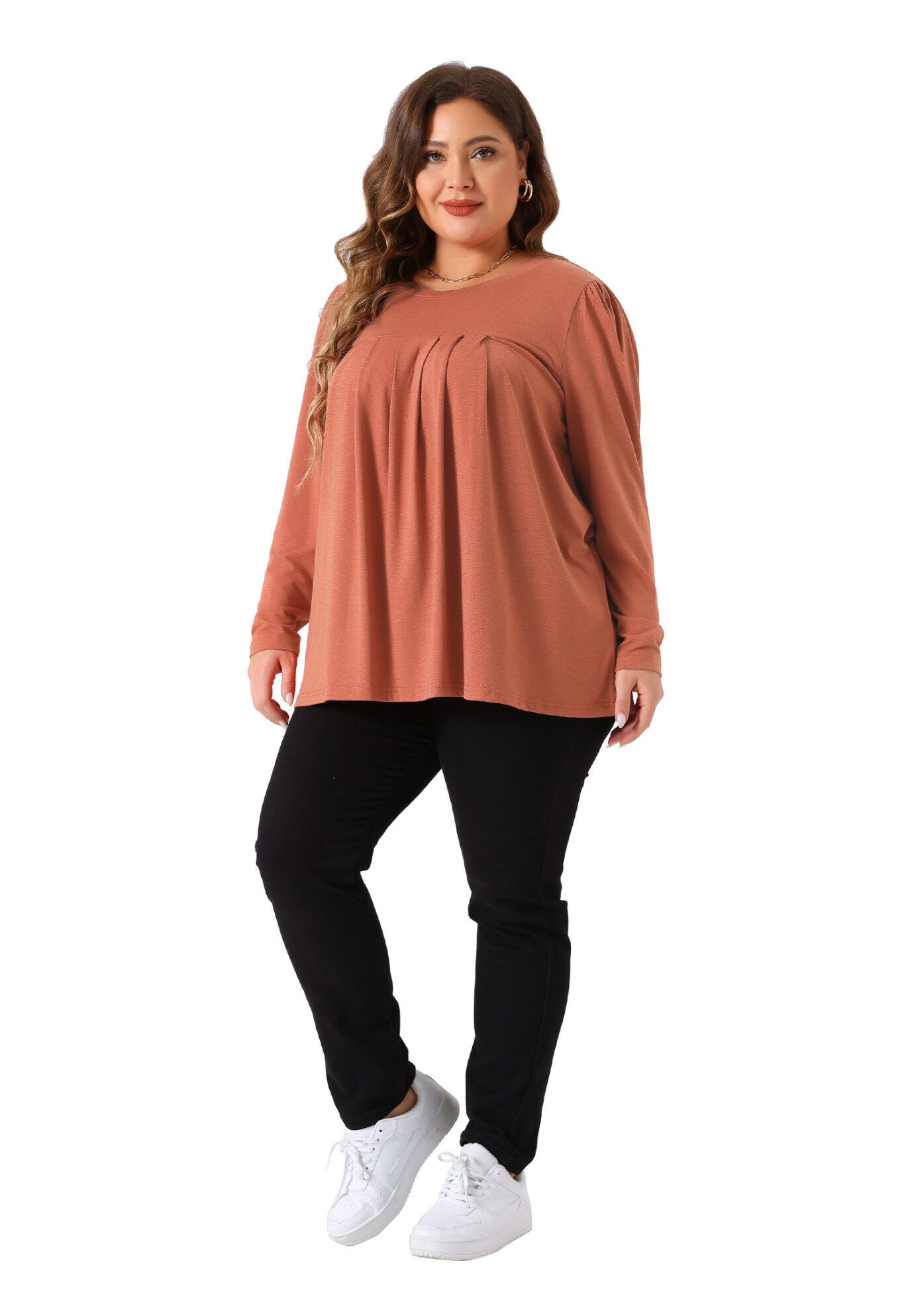 Pleated Crew Neck Blouses Casual Loose Top, Orange / Orange, hi-res image number 0