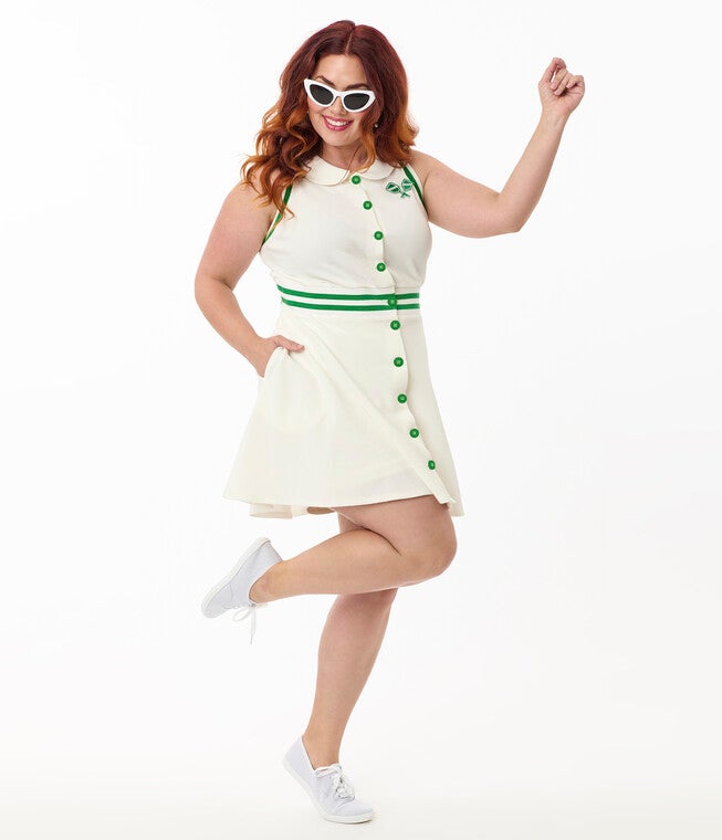 Smak Parlour Plus Size White & Green Pickleball Paddle Sport Dress & Shorts, Forest Green / Forest Green, alternate image number 2