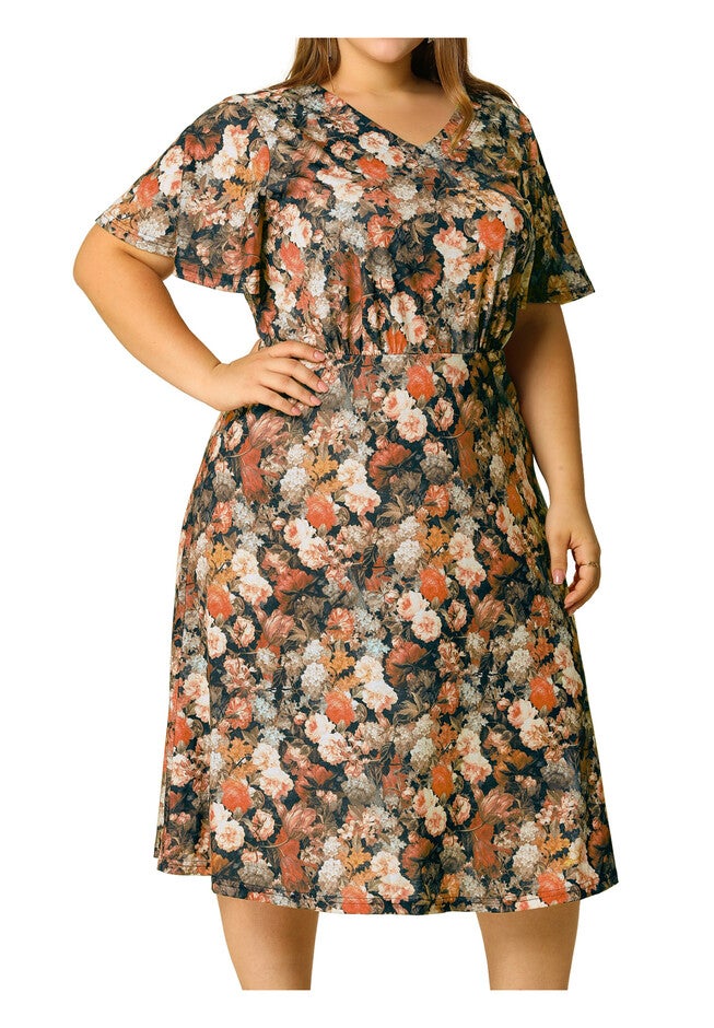 Short Sleeve Fit Flare Midi Sundress Floral Dress, Orange / Orange, alternate image number null