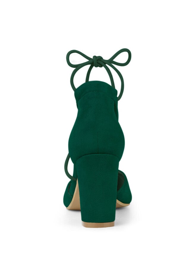 Pointed Toe Chunky Heels Lace Up Sandals Pumps, Dark Green / Forest Green, alternate image number 2