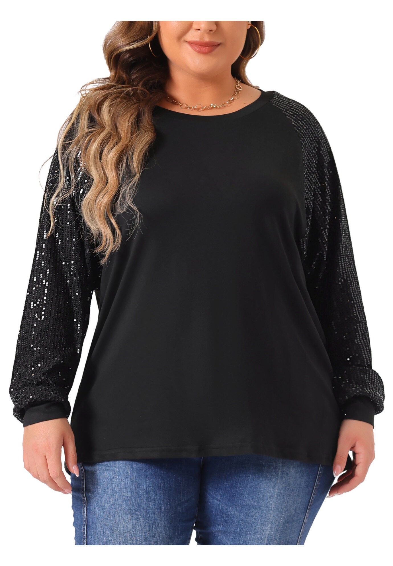 Long Sleeve Shimmer Glitter Sparkle Sequin Top, Black / Black, alternate image number 2