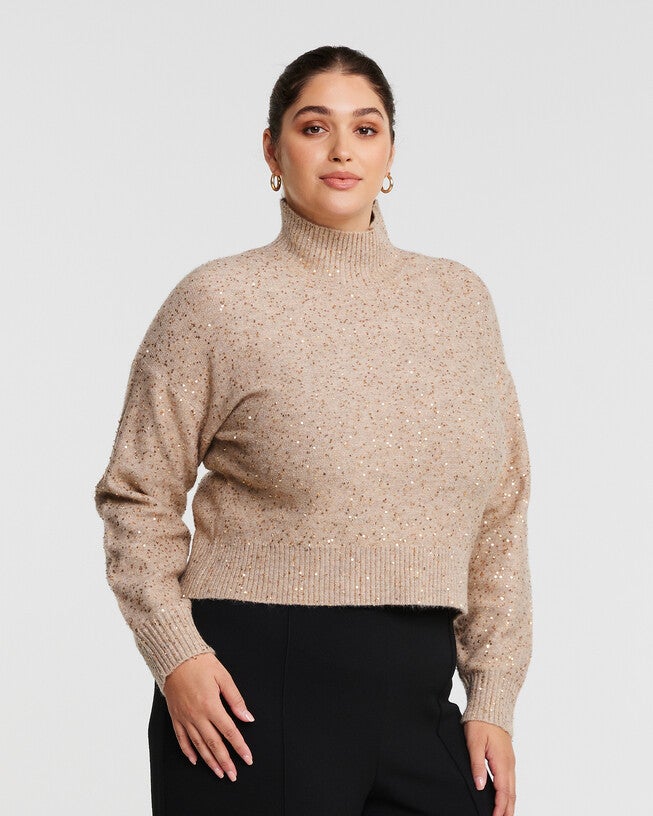 Golden Sparkle Beige/Metallic Turtle-Neck Sweater, HAZELNUT / Beige, alternate image number 3