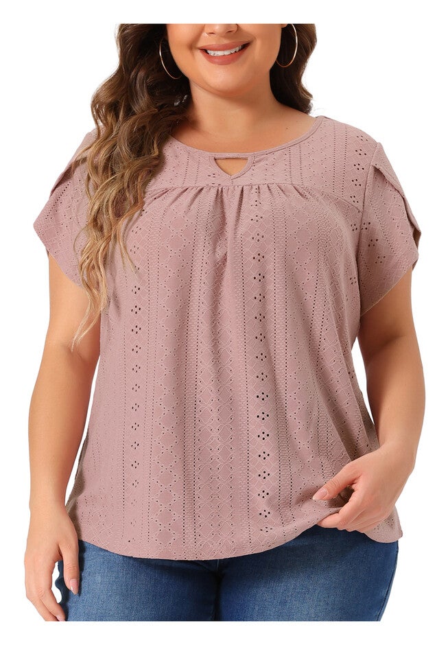 Petal Sleeve Pleated Front Key Hole Round Neck Loose Top, Pink / Pink, alternate image number 2