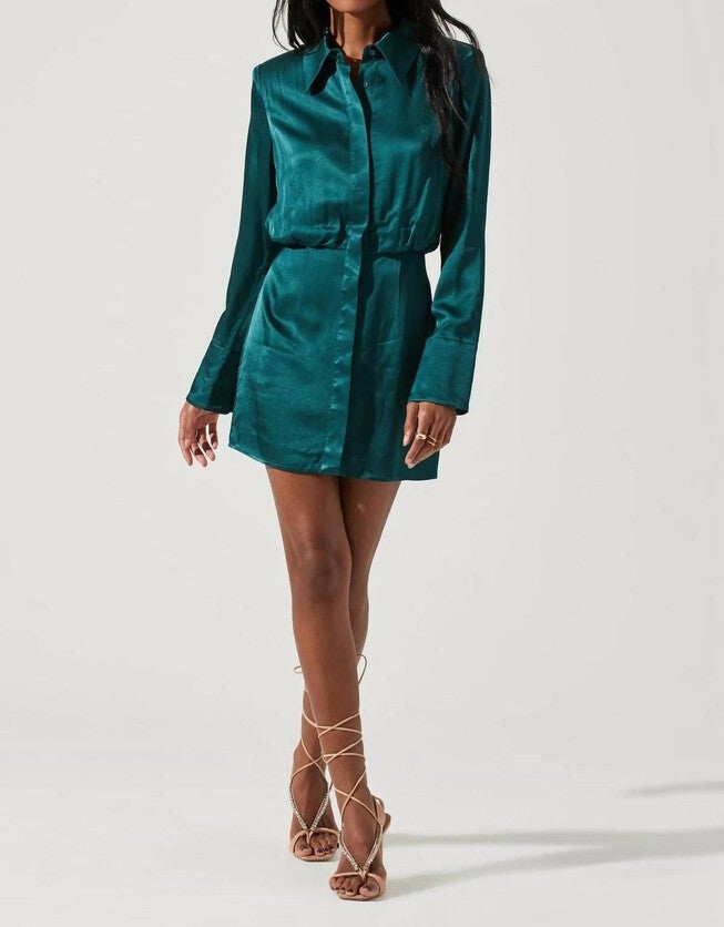 RUTH SATIN SHIRT MINI DRESS IN HUNTER GREEN, Hunter Green / Royal Blue, alternate image number null