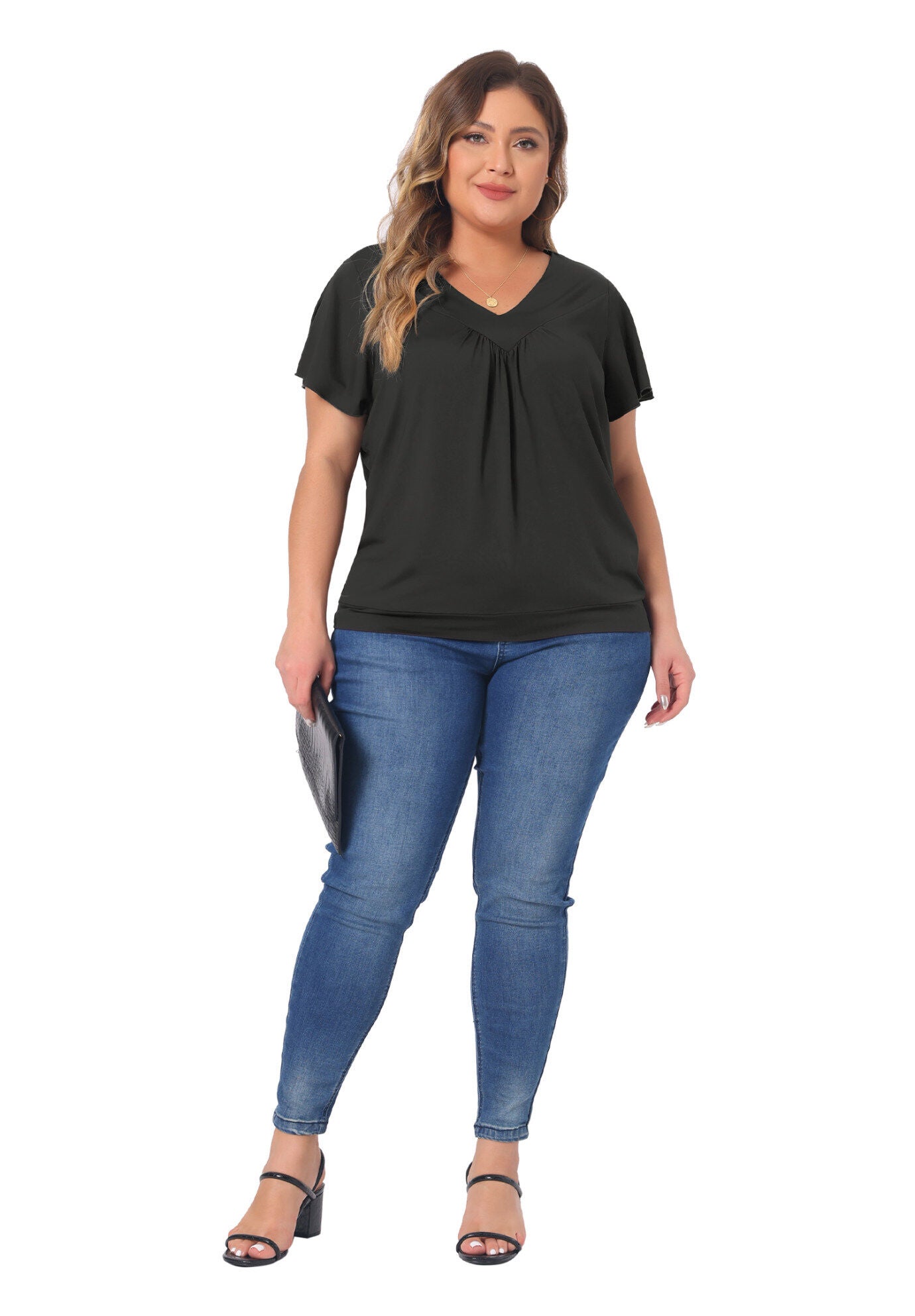 V Neck Ruffle Short Sleeve T-Shirt Top, Black / Black, hi-res image number 0