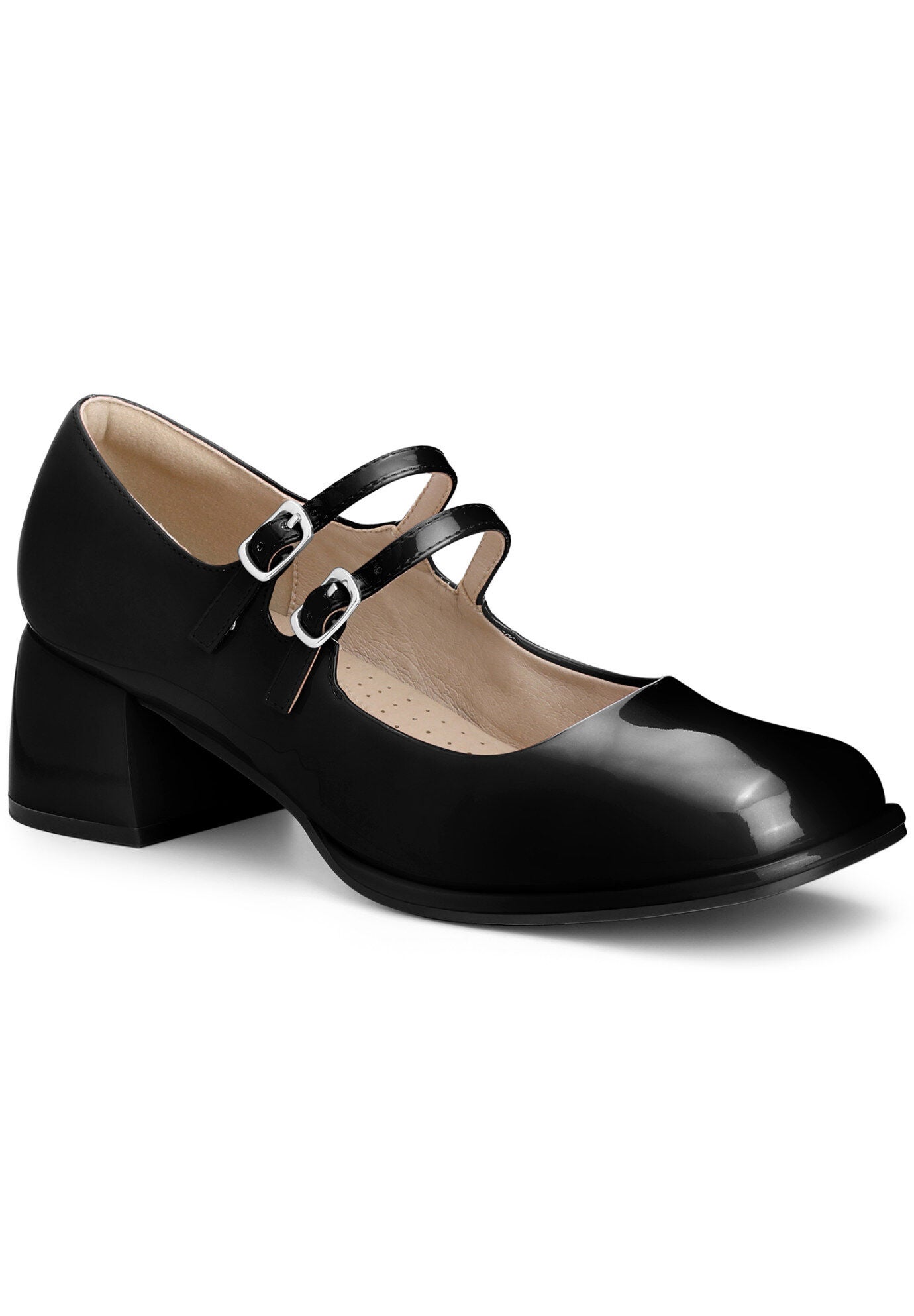 Square Toe Block Heels Mary Jane Shoes, Black / Black, hi-res image number 0