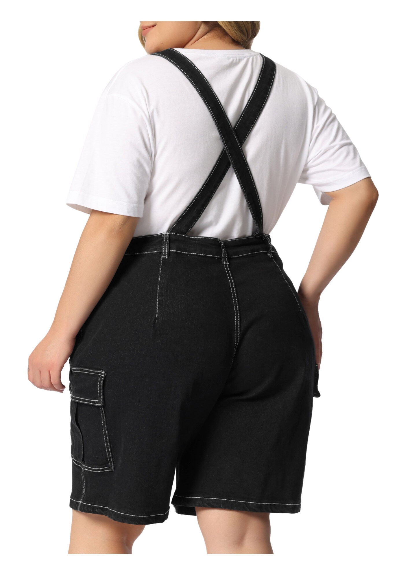 ADJUSTABLE STRAP BIB CARGO POCKET JEAN DENIM OVERALL SHORTS, Black / Black, alternate image number 3