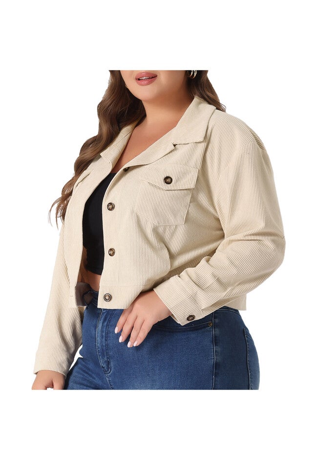 CORDUROY CROPPED BUTTON DOWN LONG SLEEVE SHIRT SHACKET JACKET, Apricot / Cream, alternate image number 1