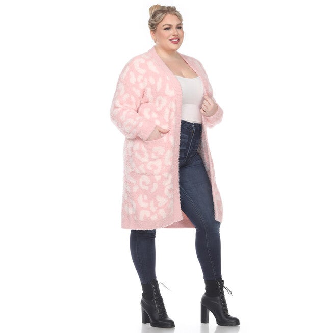 Leopard Print Open Front Sherpa Coat, Pink / Pink, alternate image number 1