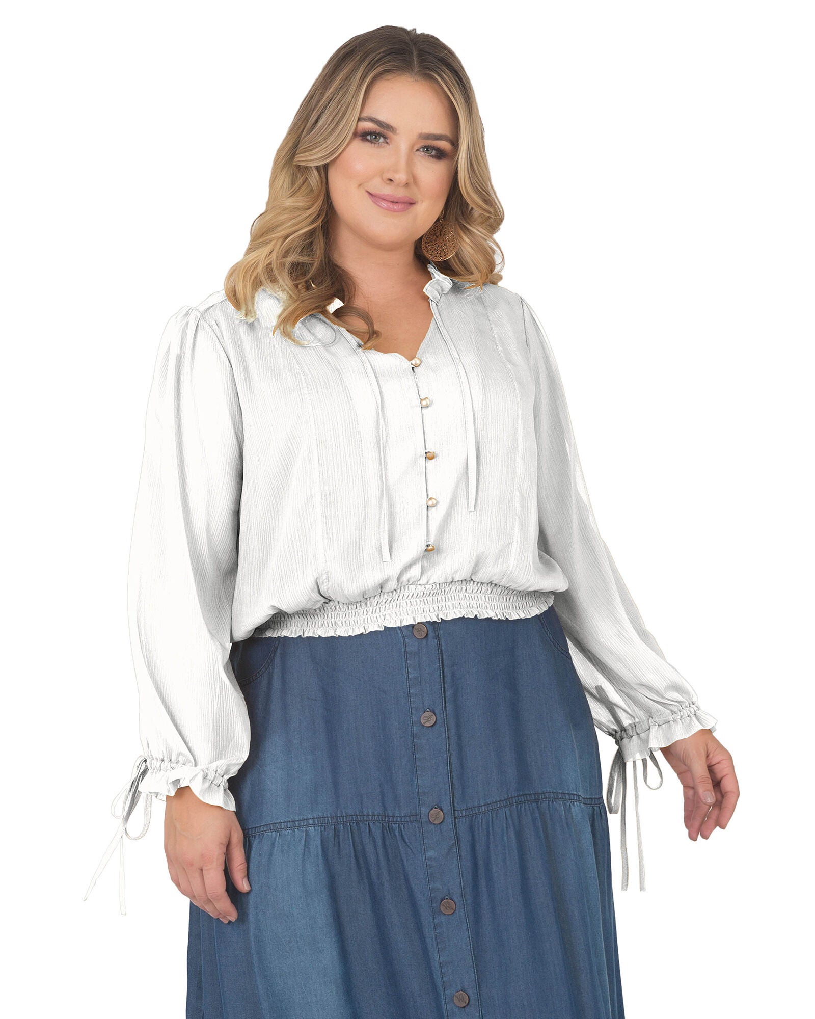 Plus Size Jessica Chiffon Tie-Neck Long Sleeve Prairie Top, Off White / Ivory, hi-res image number 0