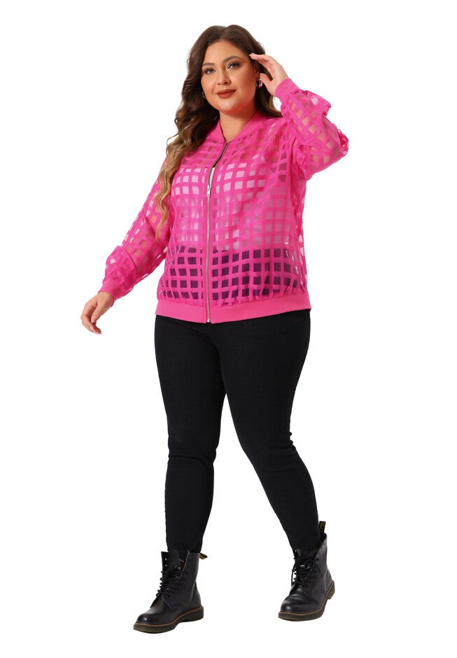 HOLLOW OUT BASEBALL COLLAR ZIP UP BOMBER JACKET, Hot Pink / Deep Fuchsia, hi-res image number 0