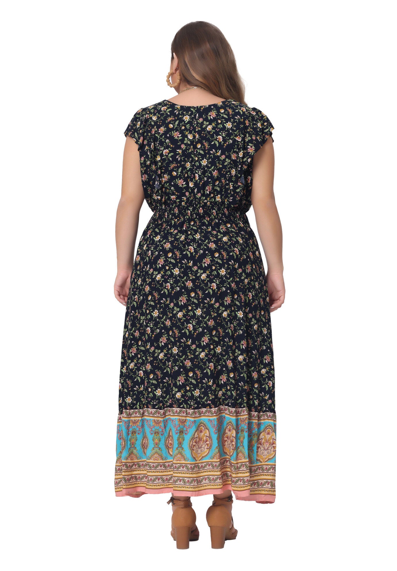 V Neck Ruffle Sleeve Boho Floral Maxi Long Dress, Navy Blue / Navy, alternate image number 3