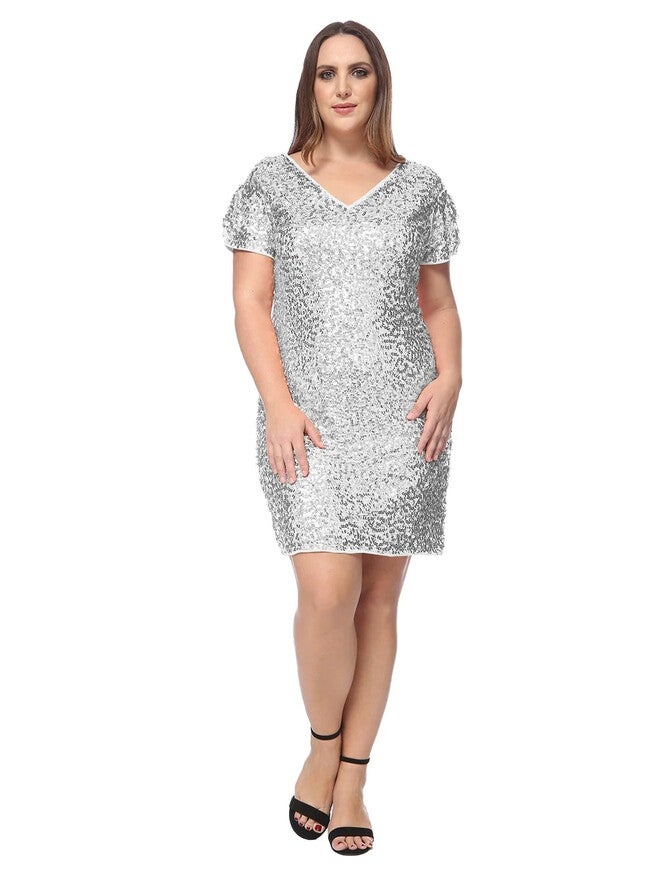 Sequin Ruched Sleeve Cocktail Dress, Silver / Silver, hi-res image number 0