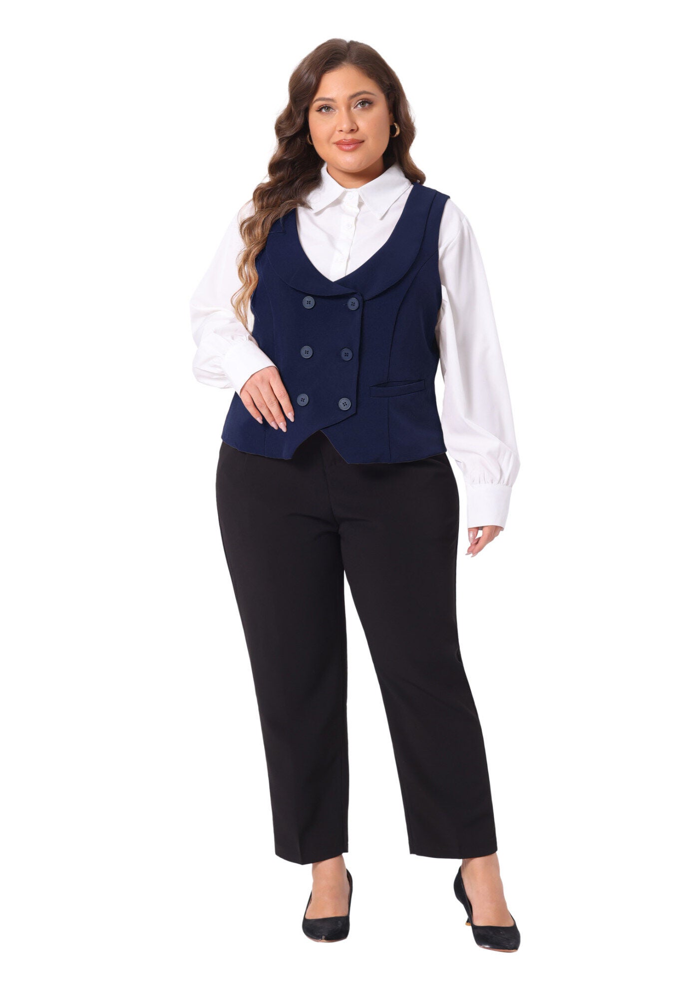 DOUBLE BREASTED LAPEL COLLAR DRESSY WAISTCOAT SUIT VEST, Navy Blue / Navy, hi-res image number 0