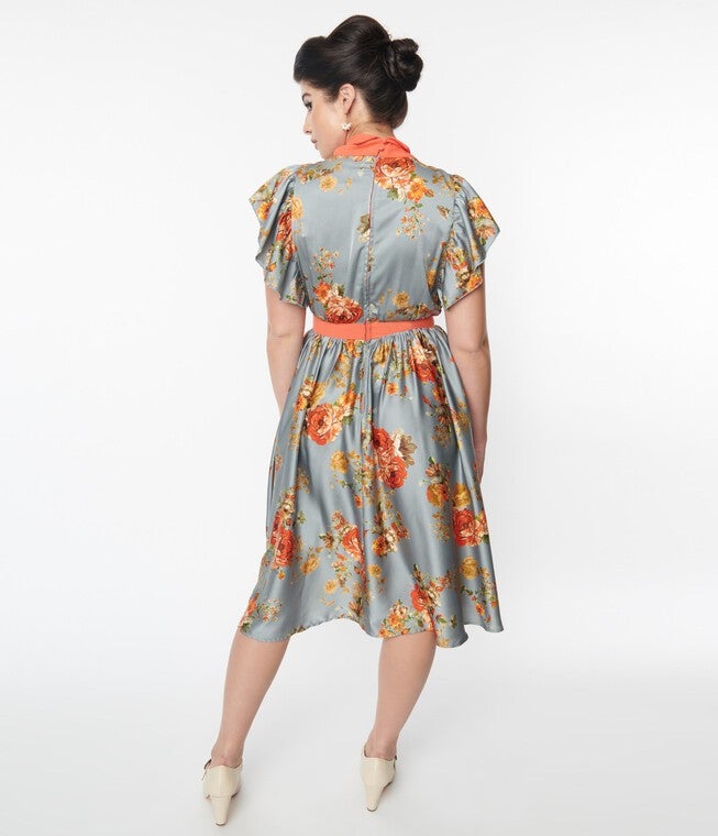 Unique Vintage Antique Blue & Orange Floral Satin Swing Dress, , alternate image number null