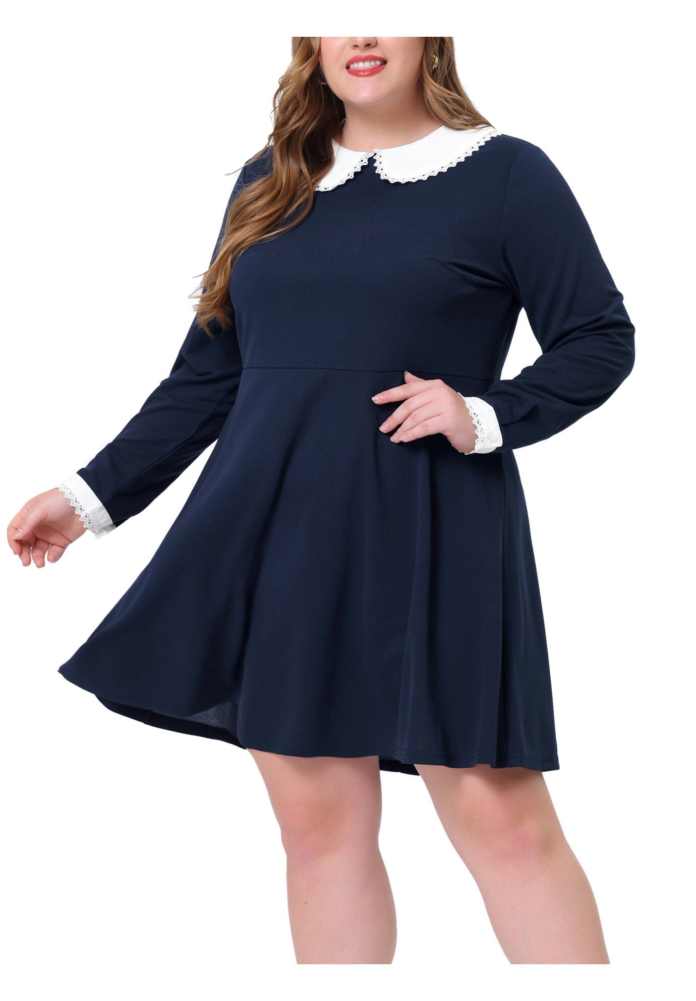 LONG SLEEVE DOLL PETER PAN COLLAR FLARE MIDI DRESS, Navy Blue / Navy, alternate image number 1