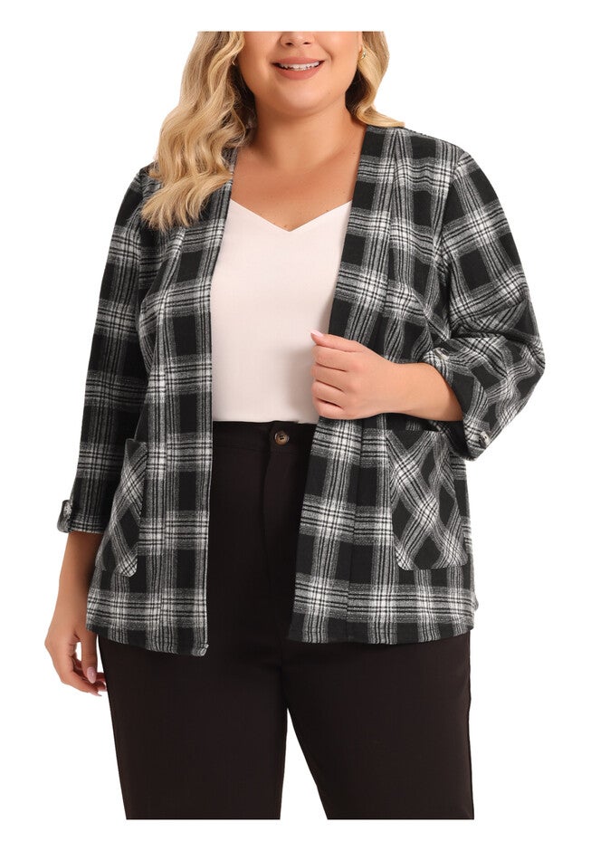 3/4 Sleeves Casual Blazers Open Front Plaid Cardigan, Black / Black, alternate image number 2