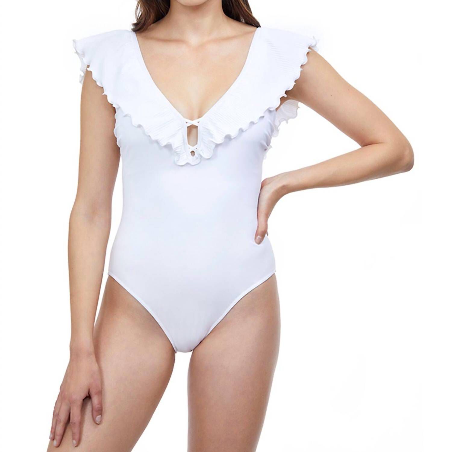 DEEP V-NECK ONE PIECE SWIMSUIT, Pleat It White / White, hi-res image number 0