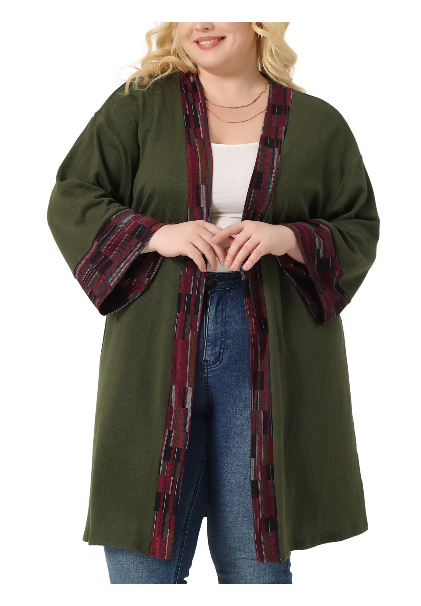 OPEN FRONT BOHO BOHEMIAN KNIT CARDIGAN, Army Green / Olive Green, alternate image number 1