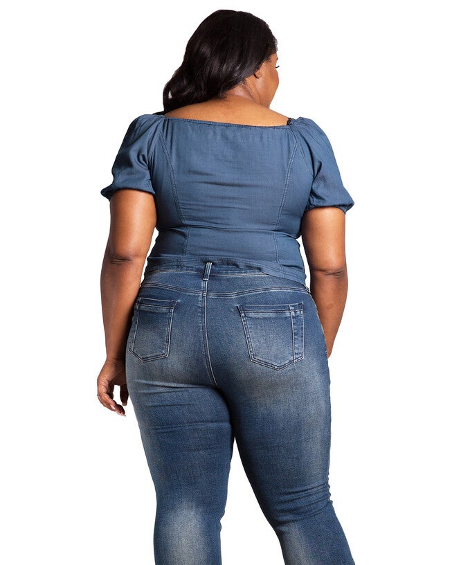 Zola Women's Plus Size Zip Front Puff Sleeves Tencel Corset Top, 3210 Blue / Dark Wash, alternate image number null
