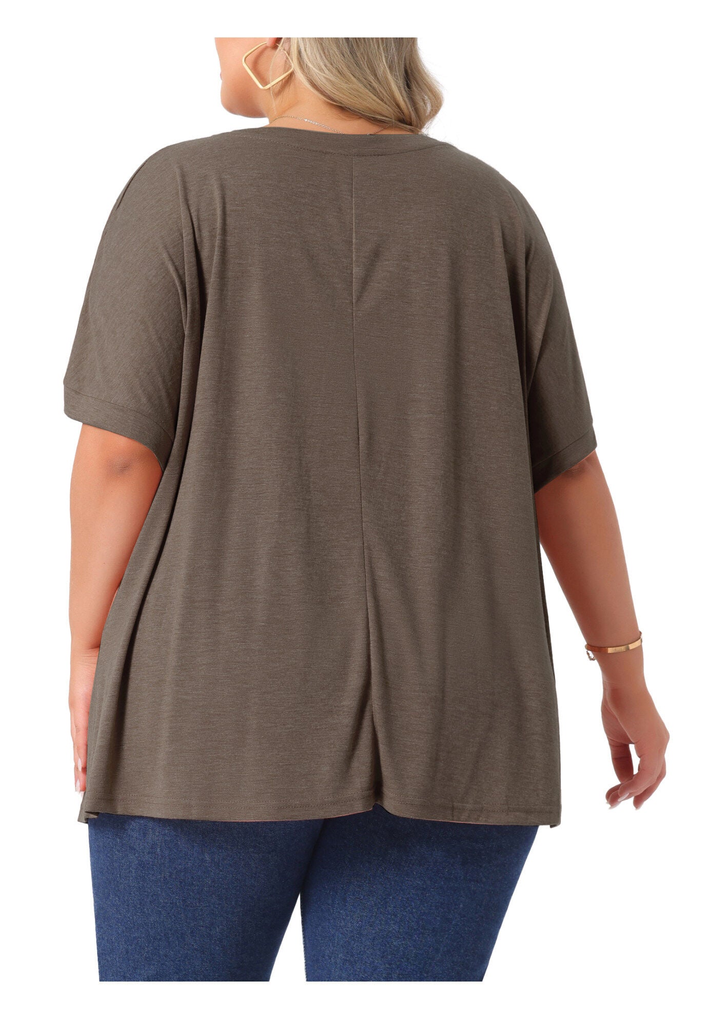 Short Sleeve Top Loose Fit Summer T-Shirt with Pocket, Coffee / Brown, alternate image number 3