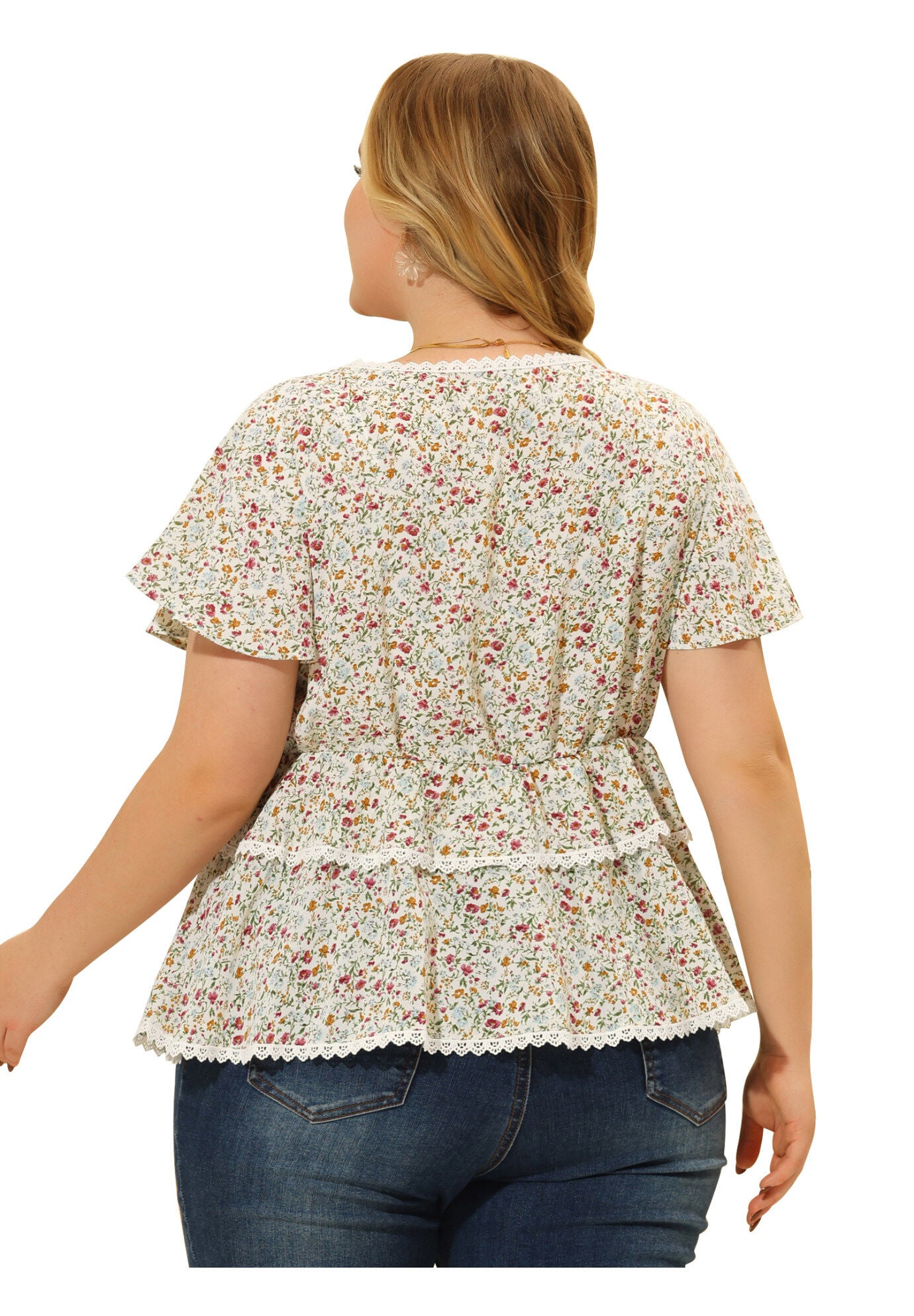 Floral Babydoll Sweetheart Ruffle Short Sleeve Top Tiered Blouse, White / White, alternate image number 3