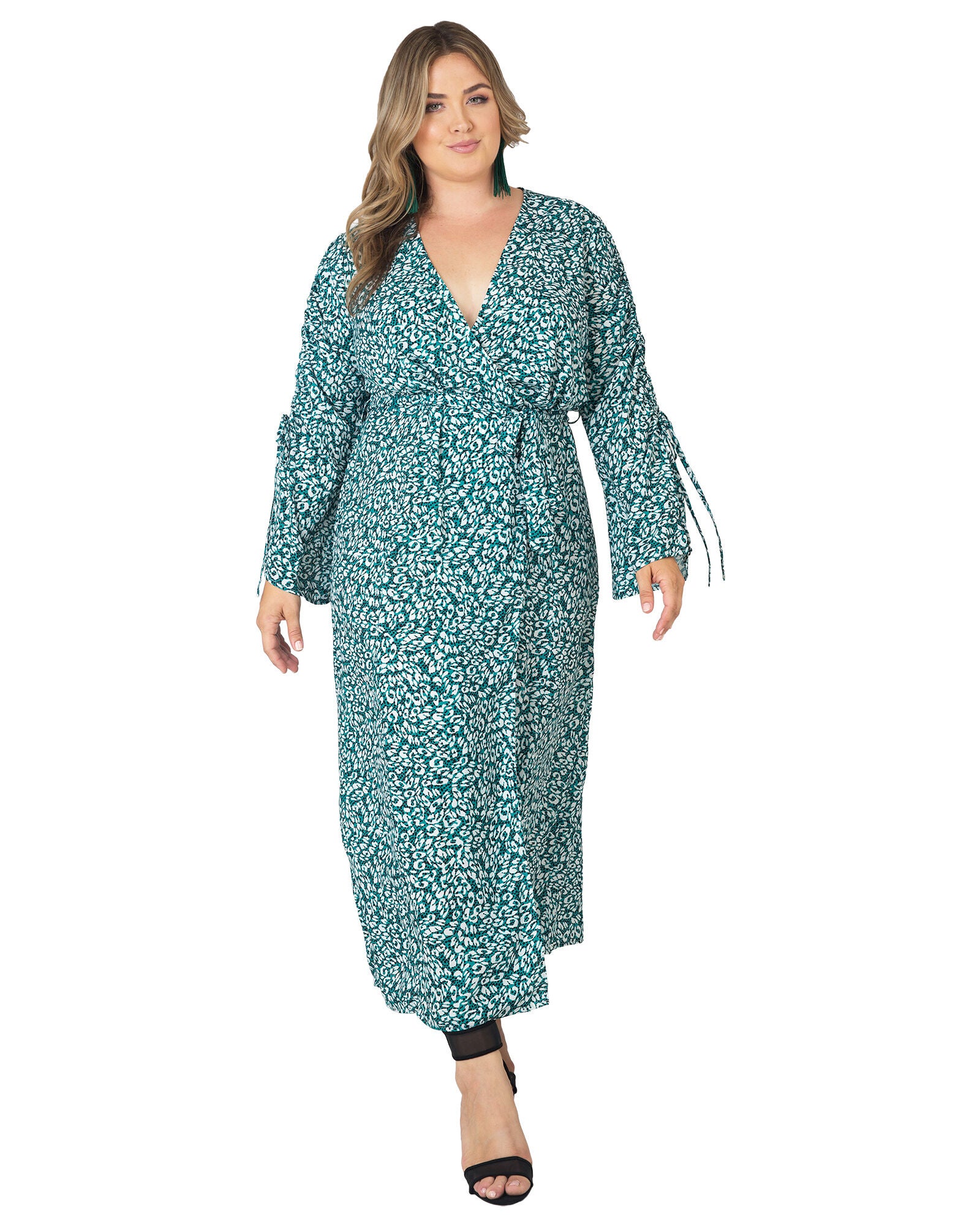 Standards & Practices Long Sleeve Maxi Wrap Dress, GREENLEOPARD / Light Green, alternate image number 2