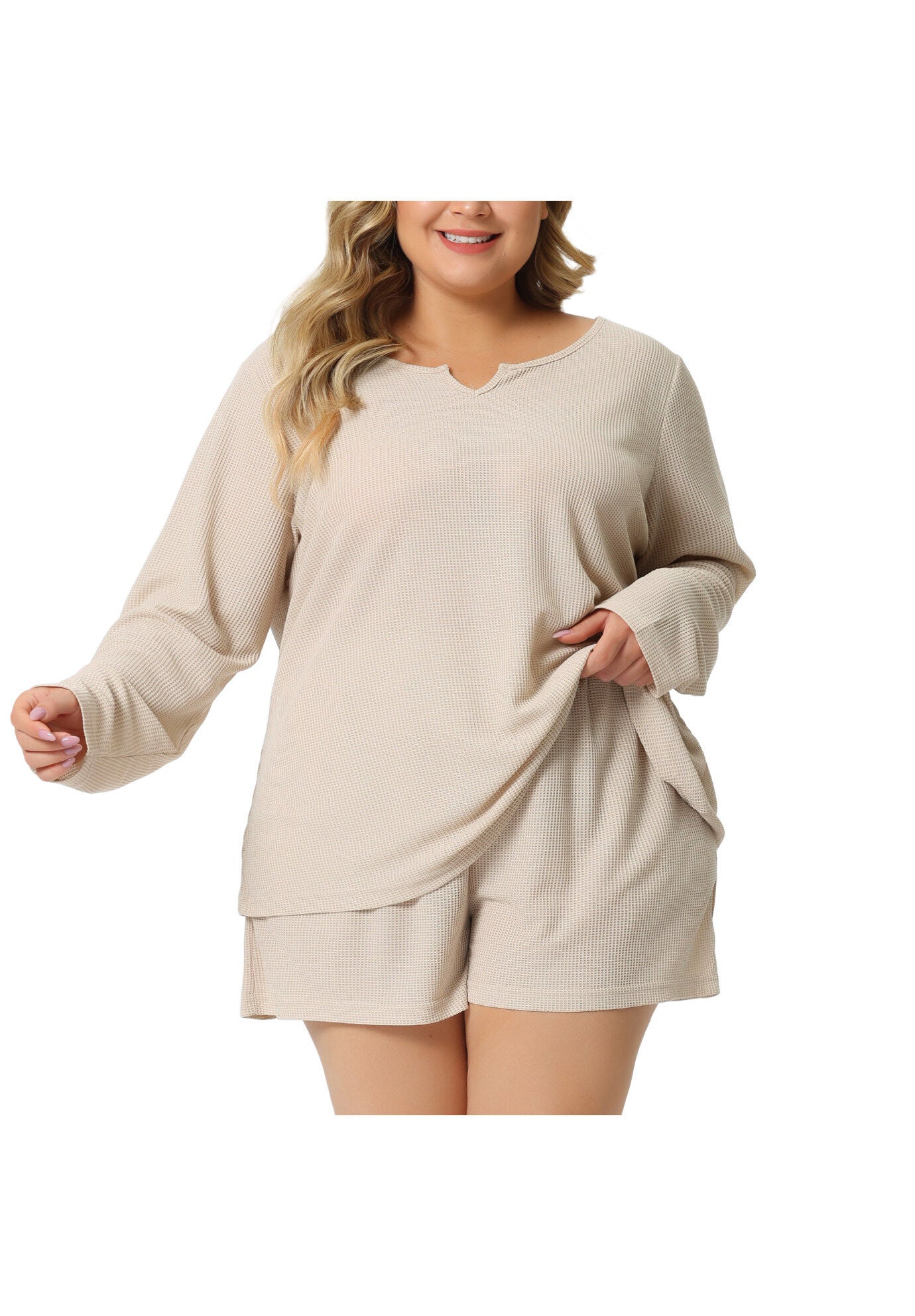 Waffle 2 Piece Long Sleeved Top and Shorts Pajama Sweatsuits Set, Beige / Beige, alternate image number 1