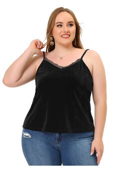 V Neck Velvet Lace Trim Cami Tank Top