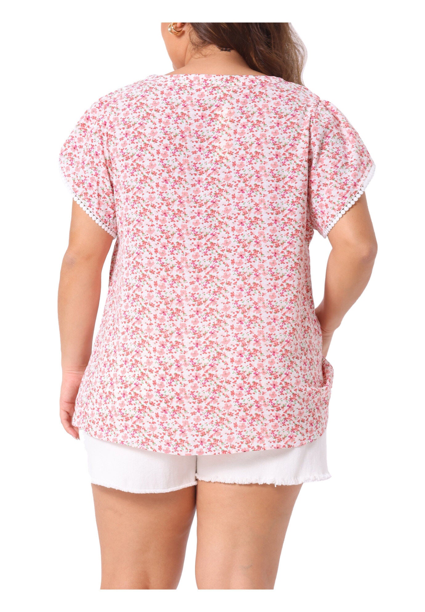 Floral V Neck Tulip Sleeve Shirt Summer Top, Pink / Pink, alternate image number 3