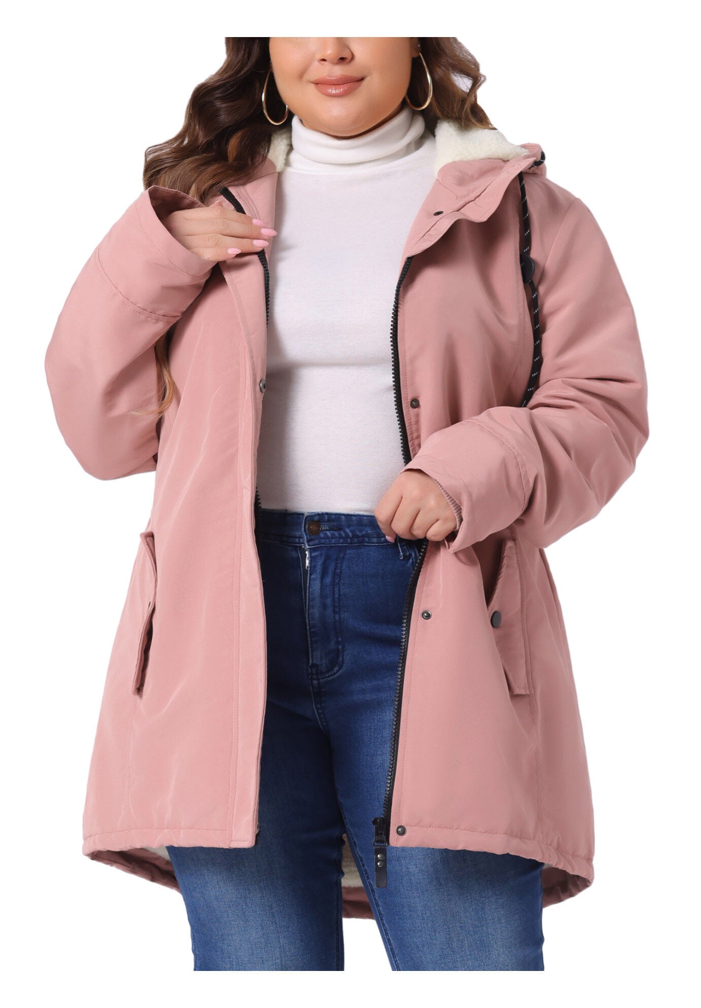 Faux Lamb Fur Leather Button Down Hoodie Parka Coat, Pink / Pink, alternate image number 2
