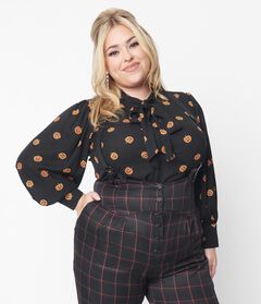 Unique Vintage 1950s Black & Pumpkin Print Gwen Blouse